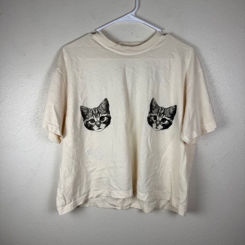 Lala Womens Cream Kitten Graphic Meow Text Boxy Short Sleeve T-Shirt Size S/M